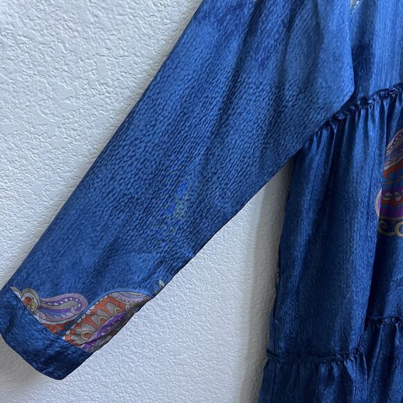 Johnny Was Sascha Silk Shirt Dress Tiered Sz S Long Slv Blue Paisley Spray - Picture 3 of 9